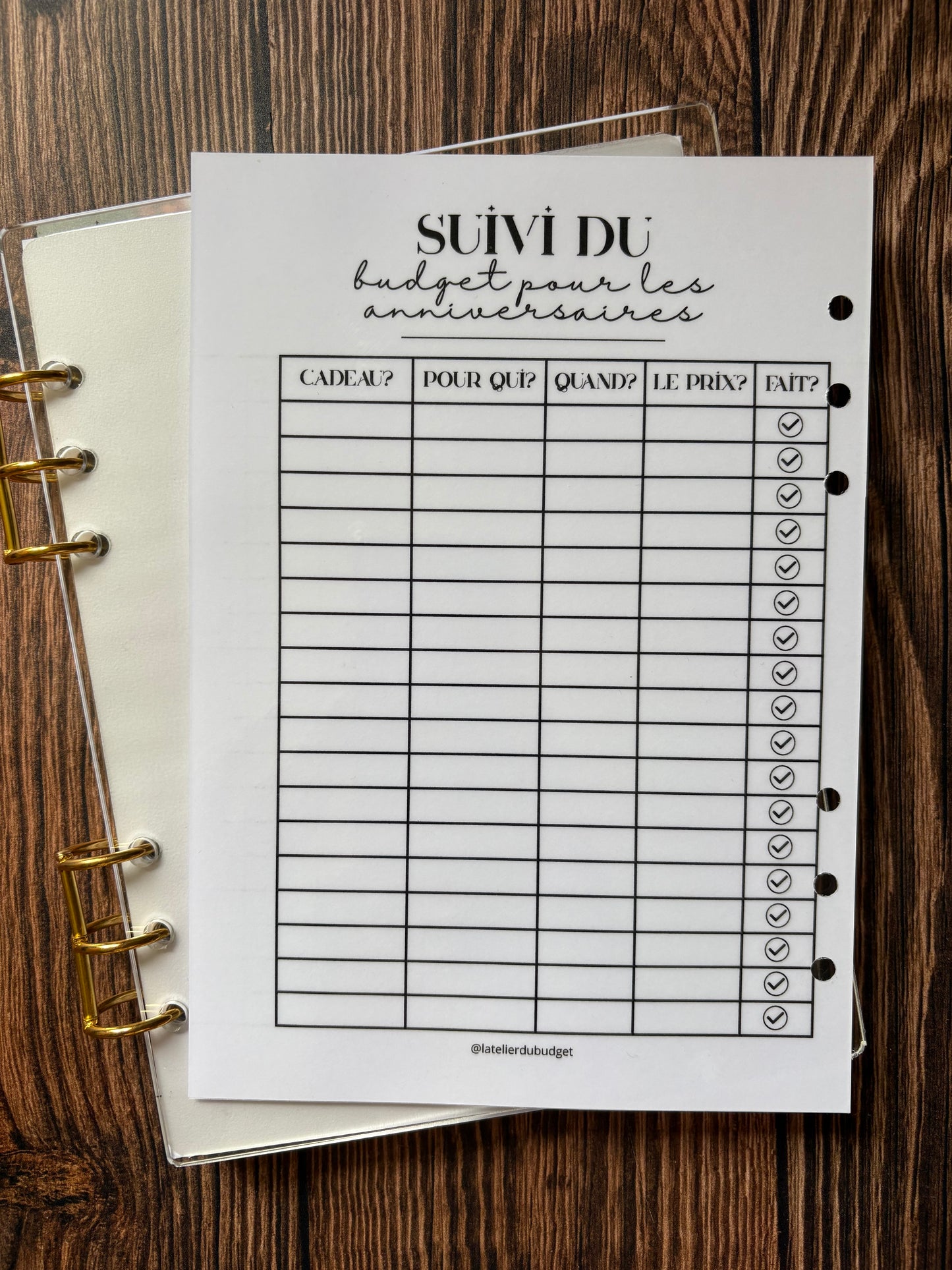Page "suivi budget des anniversaires" - format A5