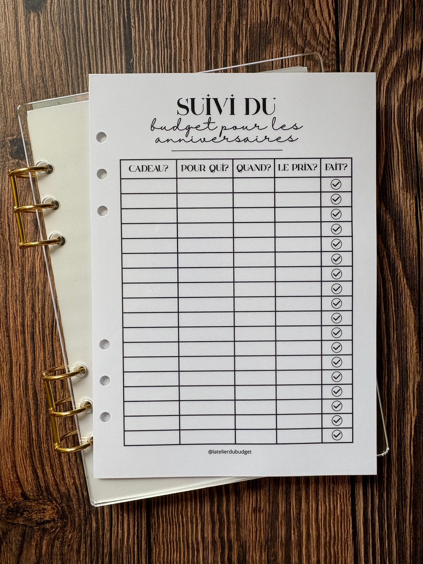 Page "suivi budget des anniversaires" - format A5